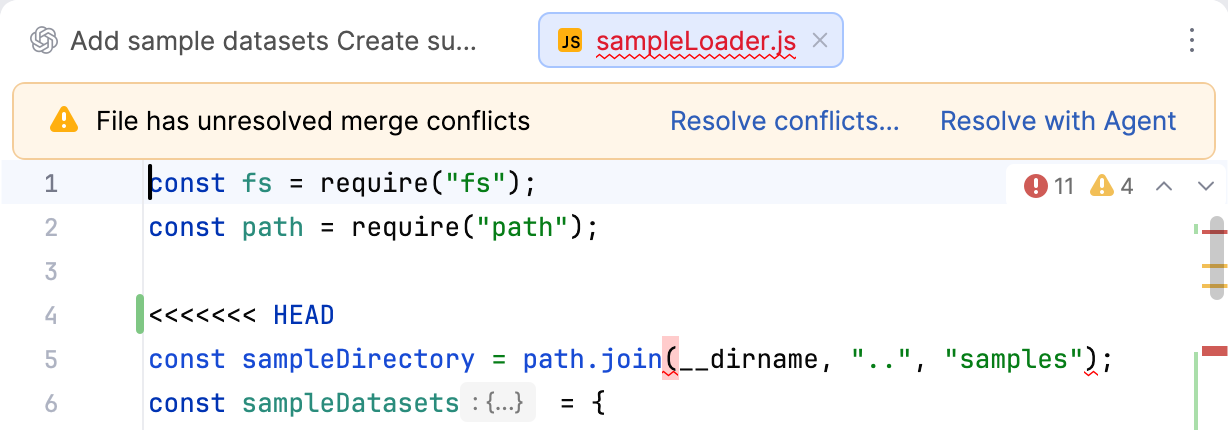 An editor banner reading File has unresolved merge conflicts with Resolve conflicts and Resolve with Agent links for the open file.