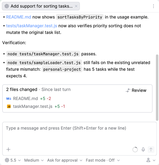 Session chat with a Since last turn list of two changed files and the Review button above the prompt field. Session chat with a Since last turn list of two changed files and the Review button above the prompt field.
