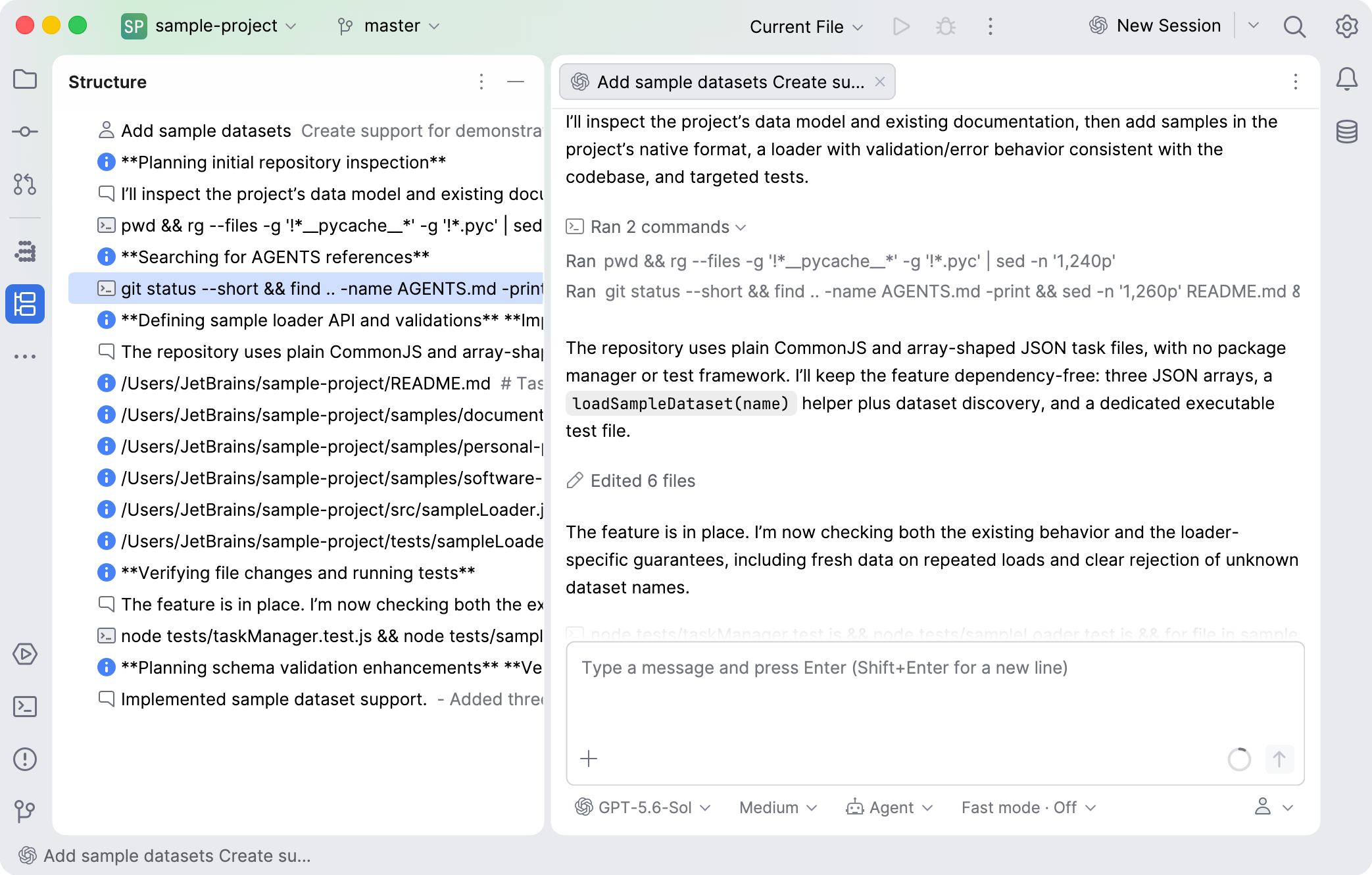 Structure tool window listing a session outline with prompt, planning notes, run commands, and edited files to jump to any point in the conversation. Structure tool window listing a session outline with prompt, planning notes, run commands, and edited files to jump to any point in the conversation.