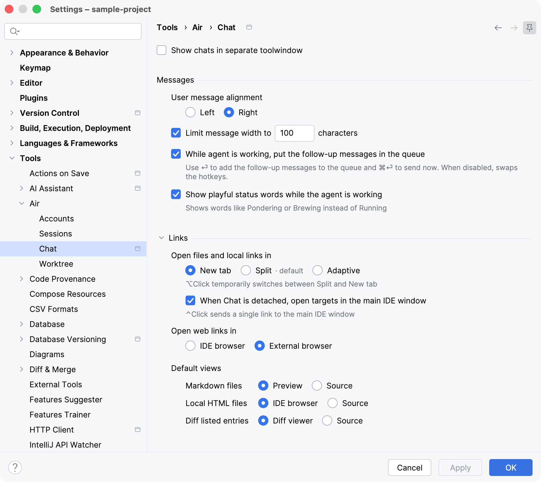 Tools | Air | Chat settings with the separate tool window option, message alignment, follow-up queueing, link targets, and default views. Tools | Air | Chat settings with the separate tool window option, message alignment, follow-up queueing, link targets, and default views.