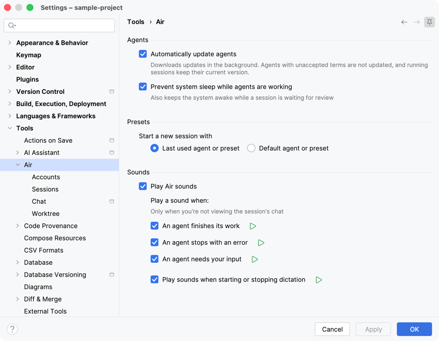 Tools | Air settings with Agents, Presets, and Sounds groups: automatic agent updates, the preset for new sessions, and sound events. Tools | Air settings with Agents, Presets, and Sounds groups: automatic agent updates, the preset for new sessions, and sound events.