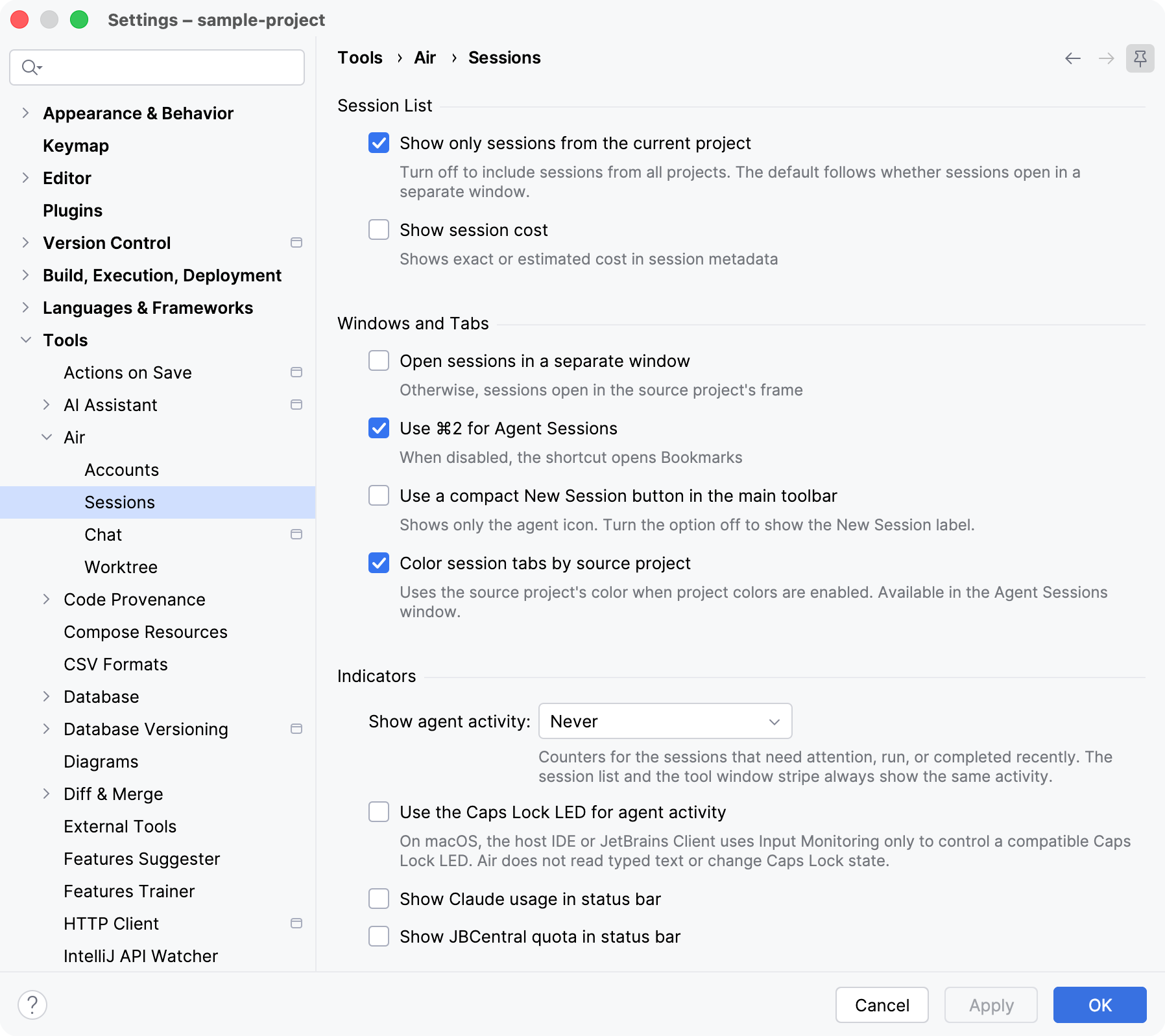 Tools | Air | Sessions settings with Session List, Windows and Tabs, and Indicators groups, with the agent activity counters set to Never. Tools | Air | Sessions settings with Session List, Windows and Tabs, and Indicators groups, with the agent activity counters set to Never.