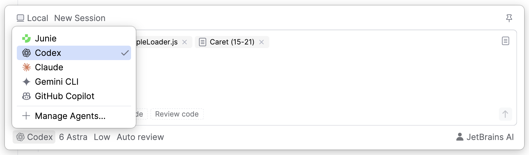 Global prompt with the preset list open, listing the available presets and the Add Agents and Manage Presets actions. Global prompt with the preset list open, listing the available presets and the Add Agents and Manage Presets actions.