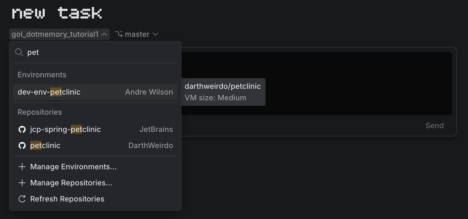 The New Task selector open, listing environment configurations under Environments and repositories under Repositories The New Task selector open, listing environment configurations under Environments and repositories under Repositories