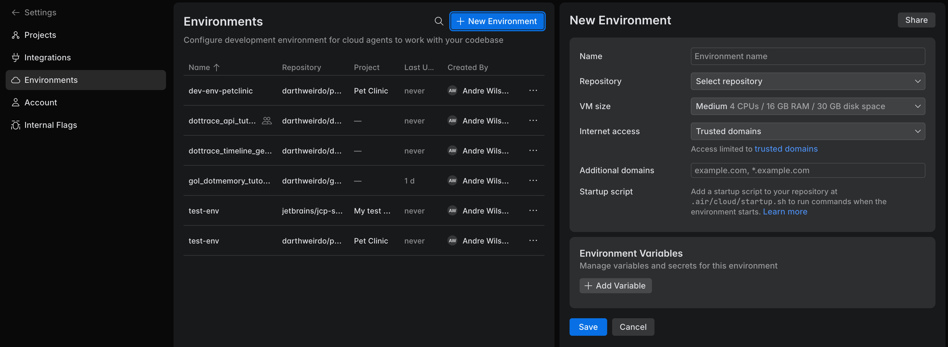 The Environments page in the web version of JetBrains Air The Environments page in the web version of JetBrains Air