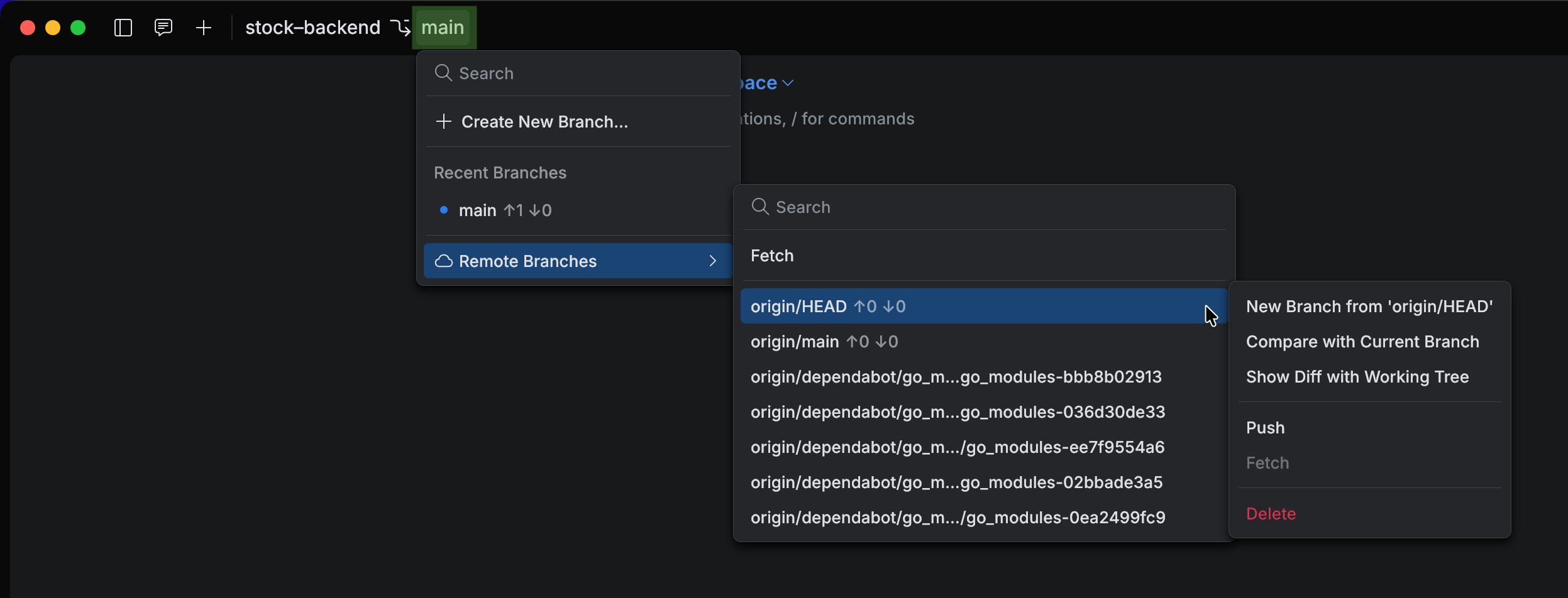 Branches menu in the upper panel