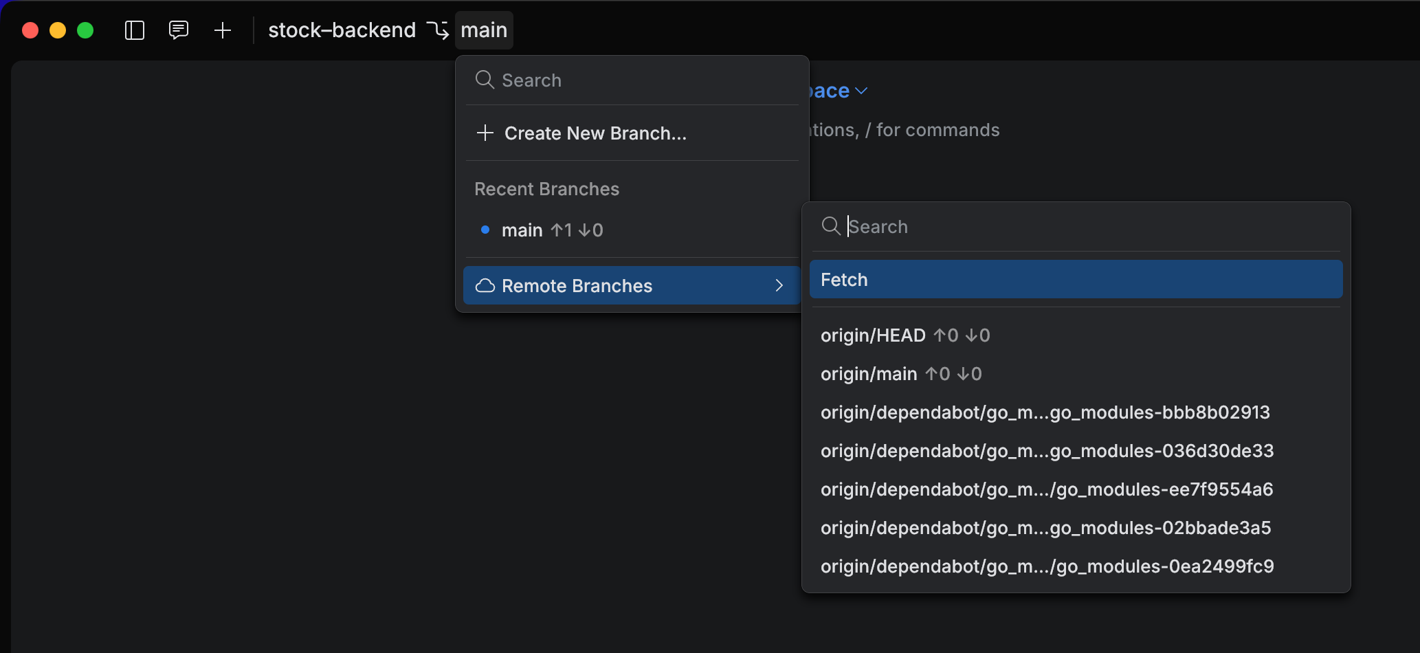 Fetch option in the branches menu