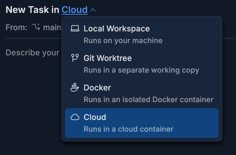 The run environment selector in the Air app with Cloud selected