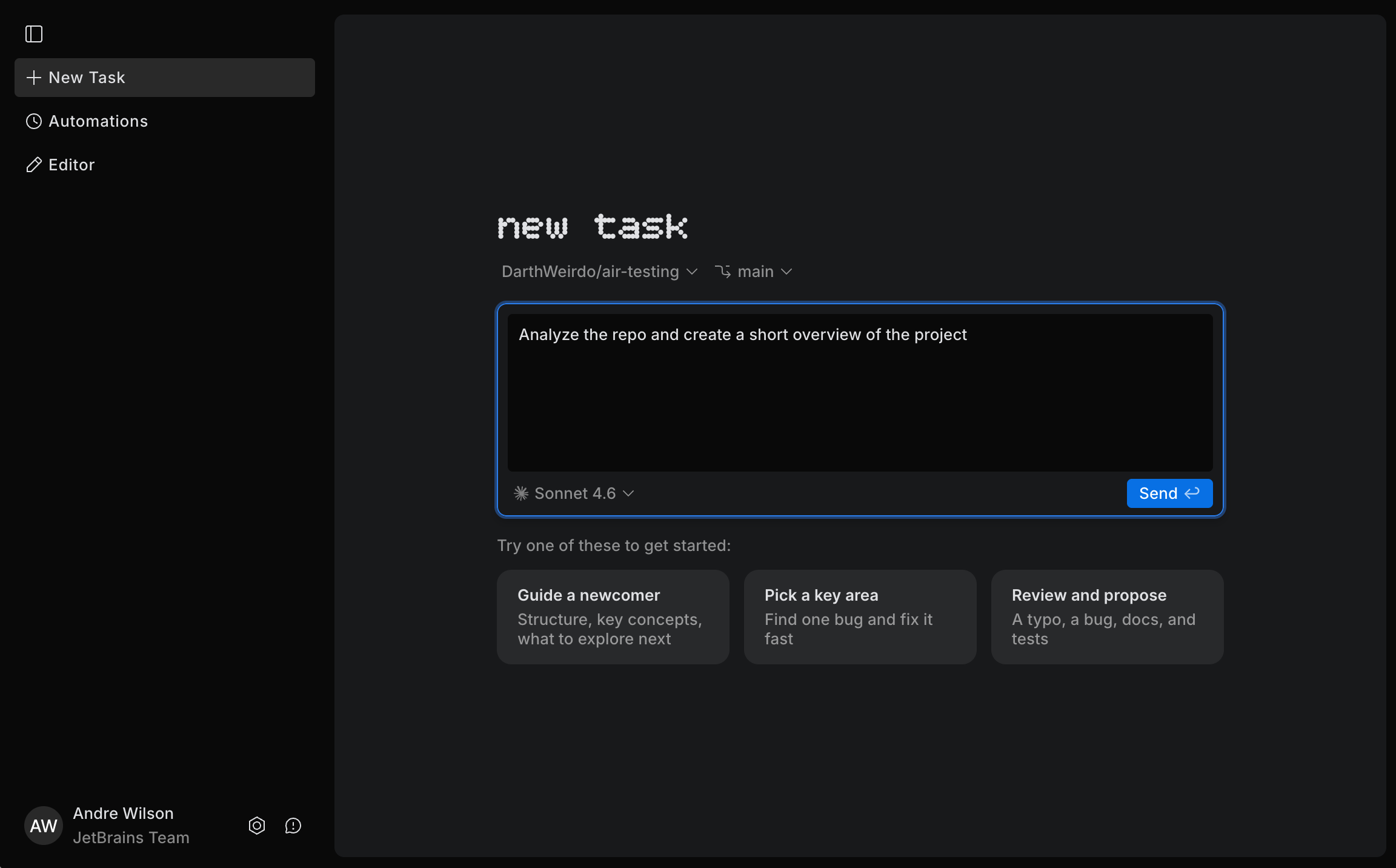 The New Task page in the web version of JetBrains Air with repository, branch, and task prompt fields