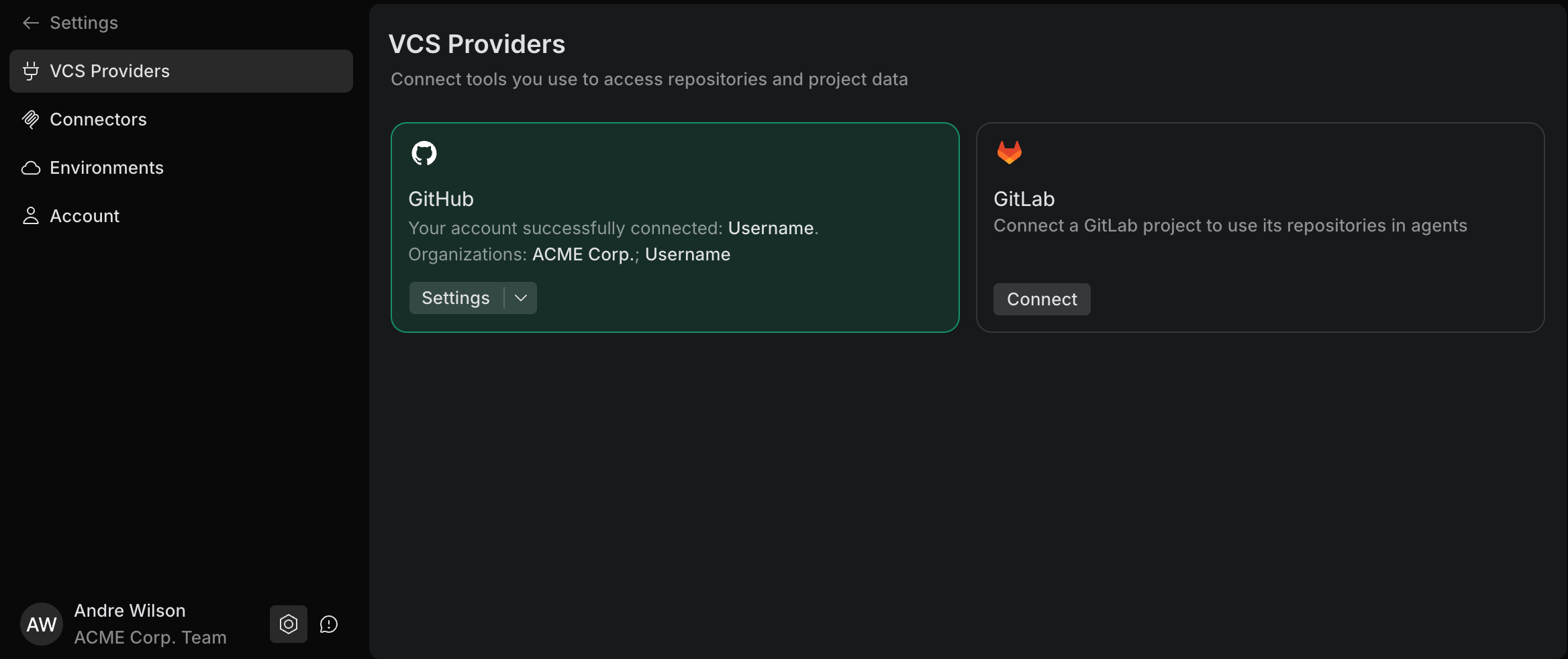 The VCS Providers page in the web version of JetBrains Air showing a connected account and its available organizations The VCS Providers page in the web version of JetBrains Air showing a connected account and its available organizations