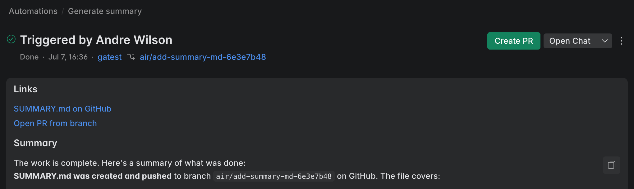 An automation run open in JetBrains Air with the Create PR button in the top-right and the changed files in the Changes panel An automation run open in JetBrains Air with the Create PR button in the top-right and the changed files in the Changes panel