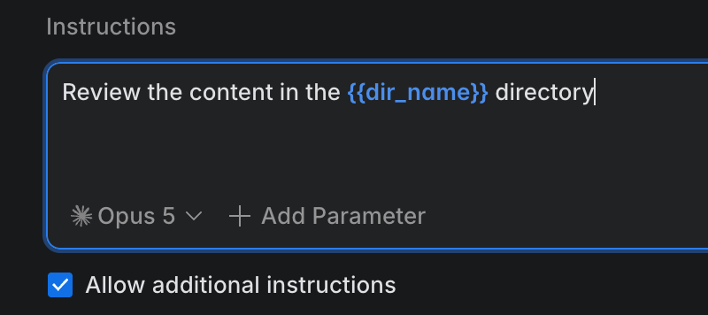 The Instructions field of a template containing the {{parameter_name}} placeholder, with the Select model and Add Parameter controls below it The Instructions field of a template containing the {{parameter_name}} placeholder, with the Select model and Add Parameter controls below it
