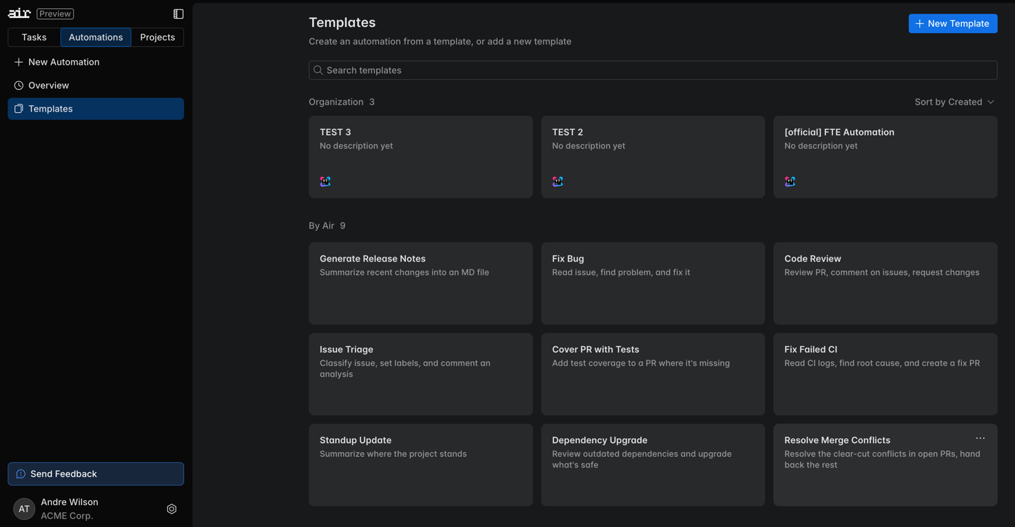 The Templates page with the search field, the Organization group, and the built-in templates group The Templates page with the search field, the Organization group, and the built-in templates group