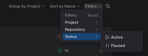 The Filters menu open, showing the Project, Repository, and Status conditions with the Status submenu expanded to Active and Paused