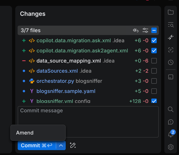 The Changes tool with a few files selected, the commit message field, and the Commit button
with its drop-down open on the Amend item The Changes tool with a few files selected, the commit message field, and the Commit button
with its drop-down open on the Amend item