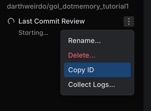 The task options menu with the Copy ID and Collect Logs items The task options menu with the Copy ID and Collect Logs items