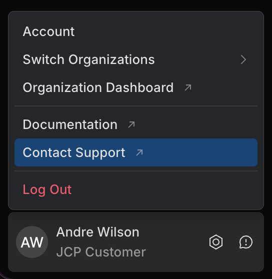 The user menu with the Contact Support item selected The user menu with the Contact Support item selected