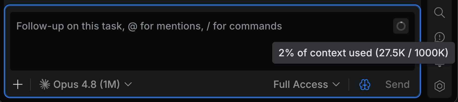 The chat input with the context window indicator in its top-right corner and the tooltip reading 2% of context used (27.5K / 1000K) The chat input with the context window indicator in its top-right corner and the tooltip reading 2% of context used (27.5K / 1000K)
