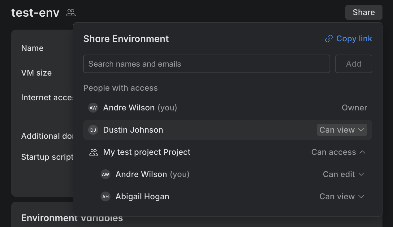 The Share Environment dialog for a project environment The Share Environment dialog for a project environment