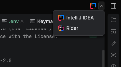 The IDE selector in the top-right corner of the Air window, expanded to list installed IntelliJ-based IDEs The IDE selector in the top-right corner of the Air window, expanded to list installed IntelliJ-based IDEs