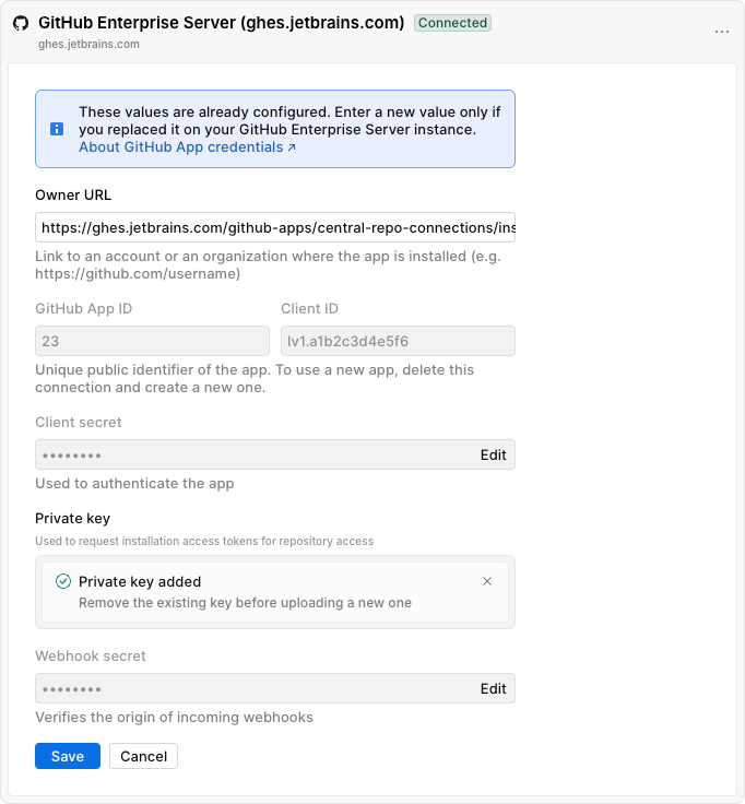 GitHub Enterprise Server edit connection card GitHub Enterprise Server edit connection card