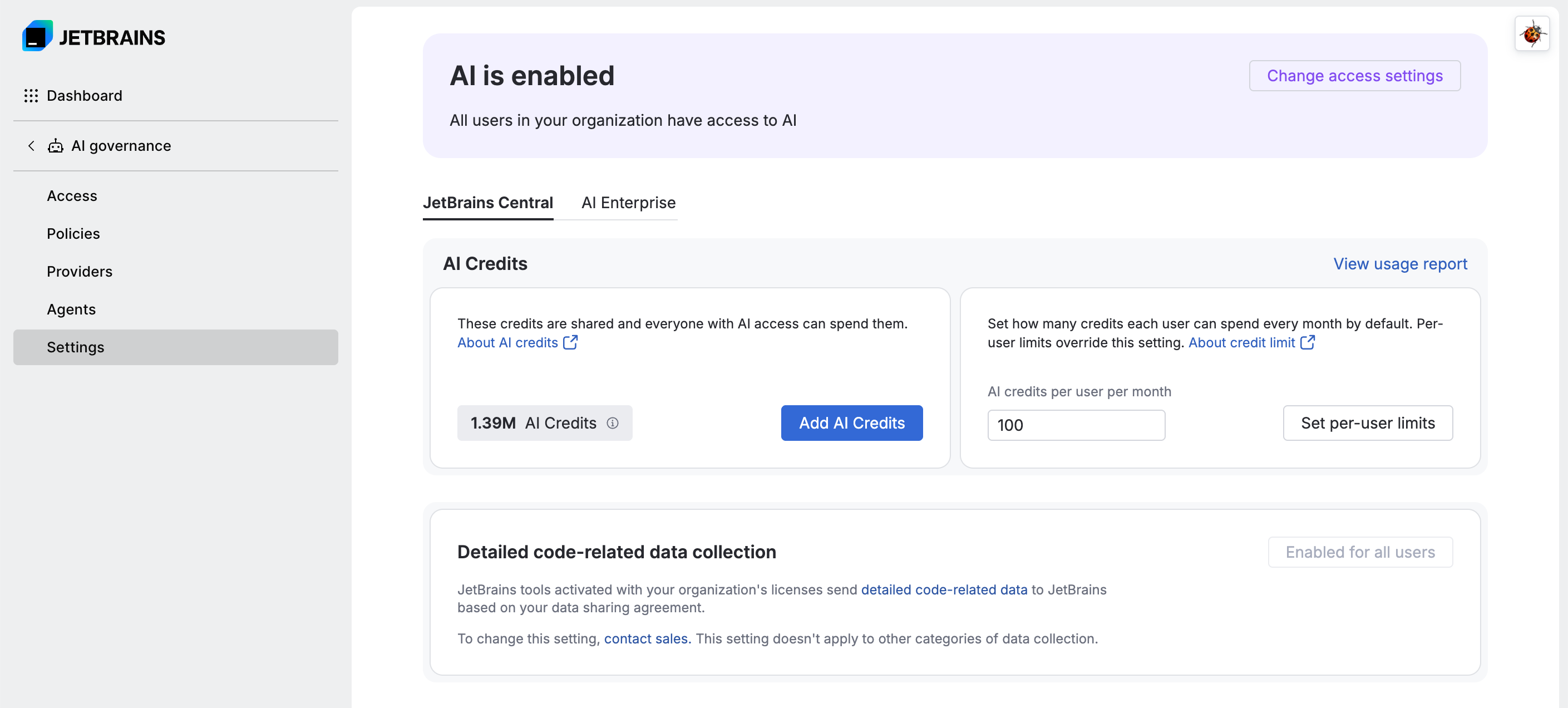 The Change AI access settings dialog in JetBrains Central Console with AI access turned on for everyone in the organization The Change AI access settings dialog in JetBrains Central Console with AI access turned on for everyone in the organization
