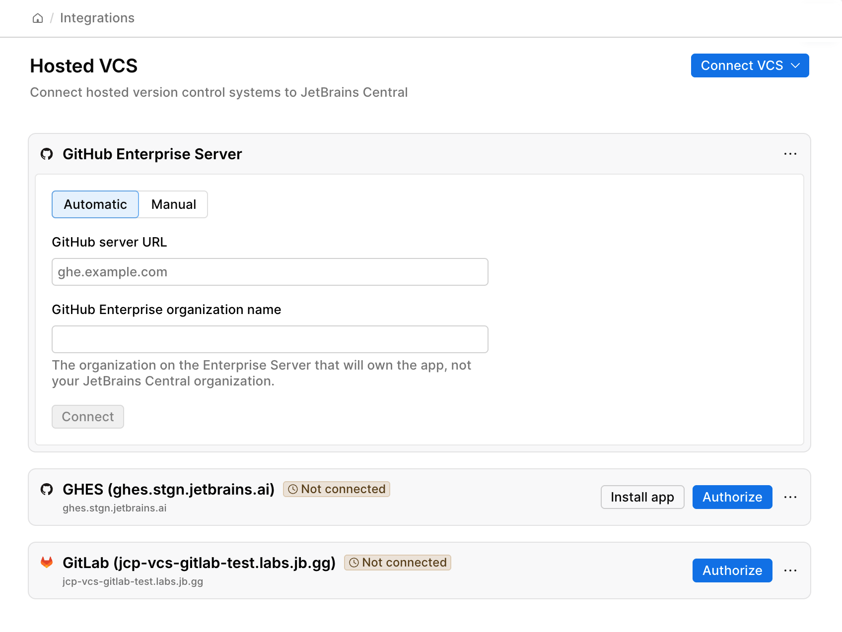 The Hosted VCS page in JetBrains Central Console with the Automatic tab of a new GitHub Enterprise Server connection open The Hosted VCS page in JetBrains Central Console with the Automatic tab of a new GitHub Enterprise Server connection open
