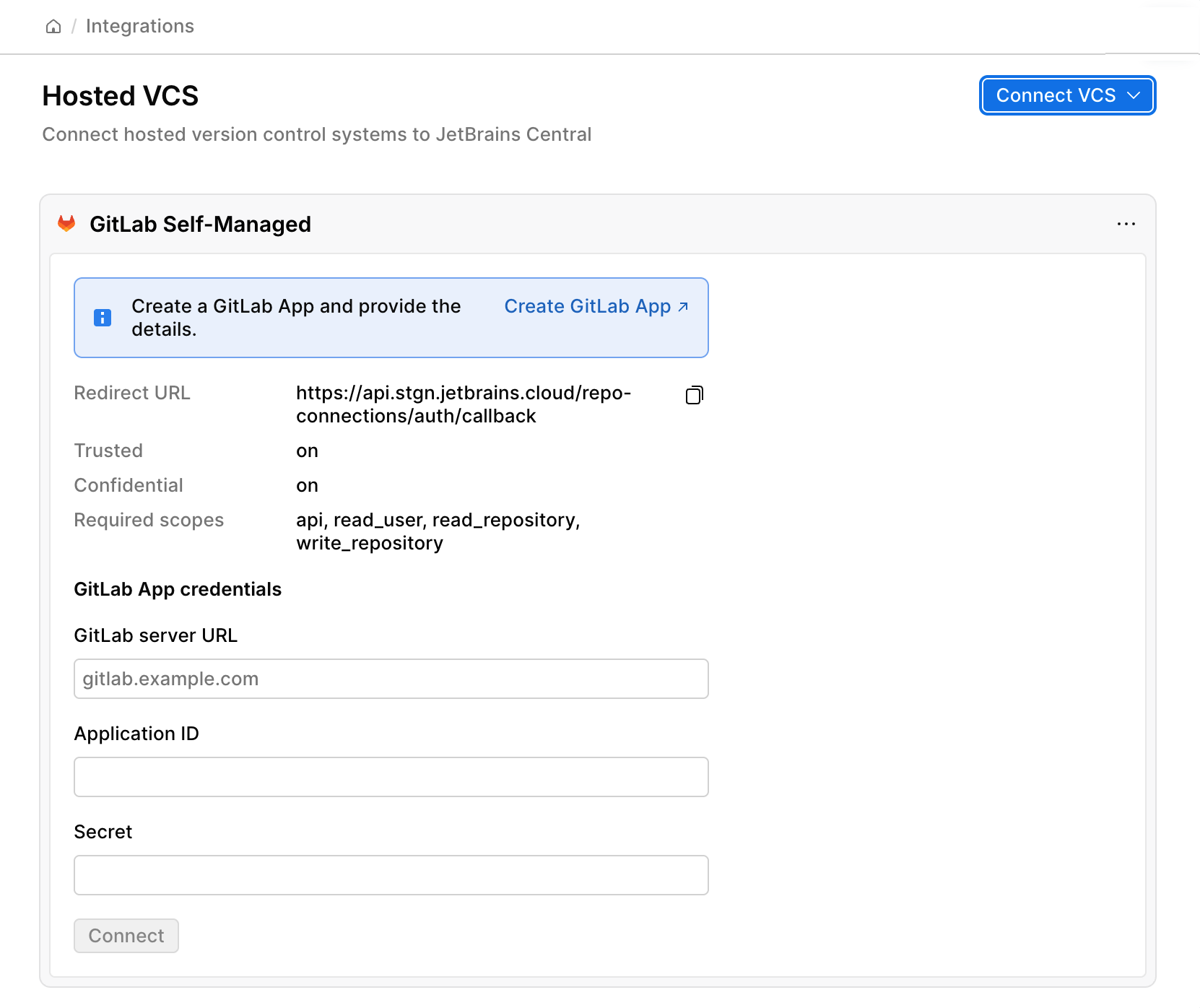 The Hosted VCS page in JetBrains Central Console with the OAuth application credentials of a new GitLab Self-Managed connection The Hosted VCS page in JetBrains Central Console with the OAuth application credentials of a new GitLab Self-Managed connection