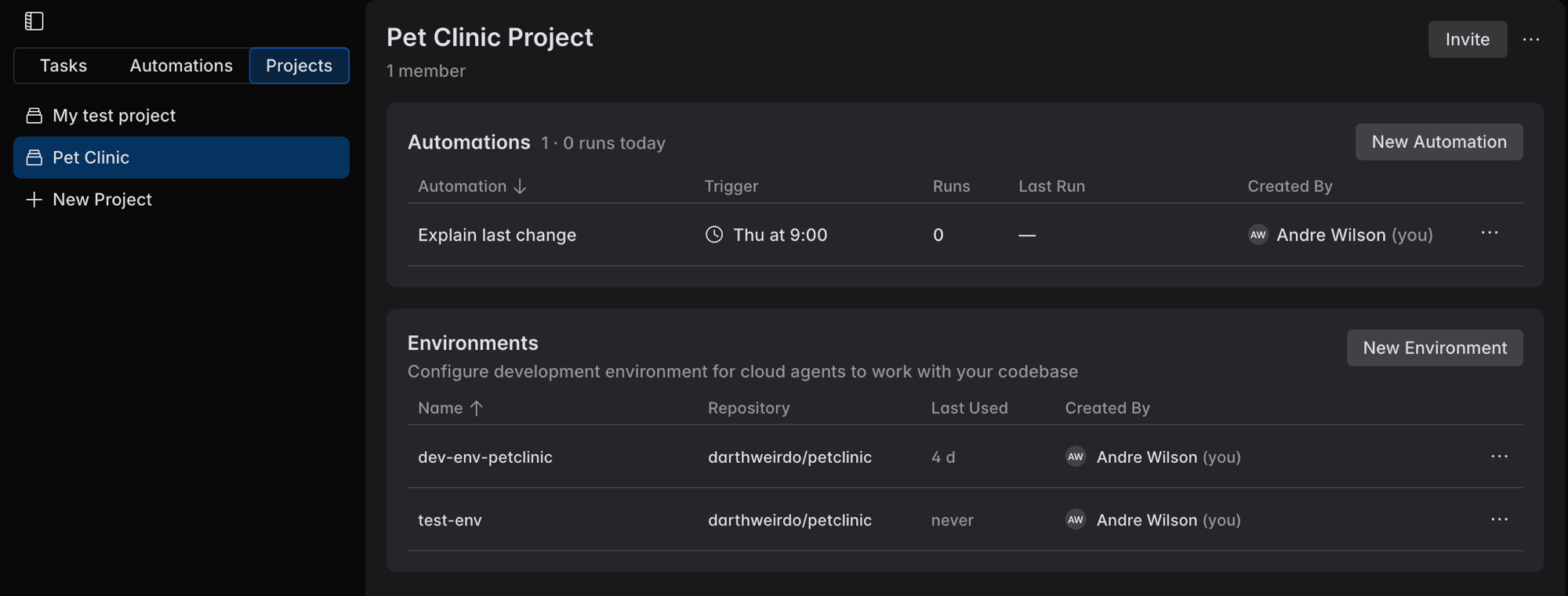 The Projects page open from the Projects tab next to Tasks and Automations, with the project list on the left and the selected project's automations and environments on the right, plus an Invite button in the top-right corner The Projects page open from the Projects tab next to Tasks and Automations, with the project list on the left and the selected project's automations and environments on the right, plus an Invite button in the top-right corner