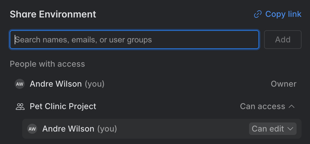 The Share Environment dialog listing the people with access, each with a Can edit or Can view selector The Share Environment dialog listing the people with access, each with a Can edit or Can view selector