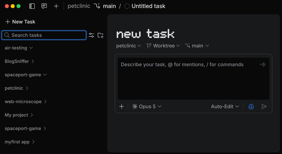 The Tasks tool listing the open workspaces by project name, below the New Task button and the task search
field The Tasks tool listing the open workspaces by project name, below the New Task button and the task search
field