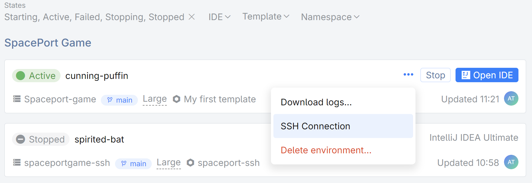 SSH connection to a dev environment