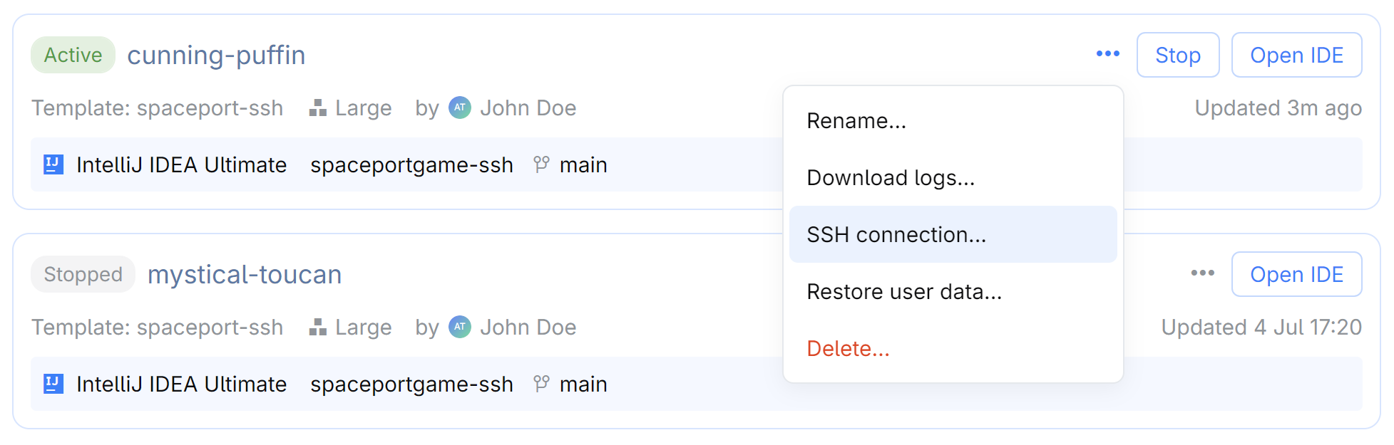 SSH connection to a dev environment