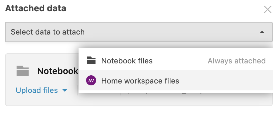Selecting Home workspace files to attach
