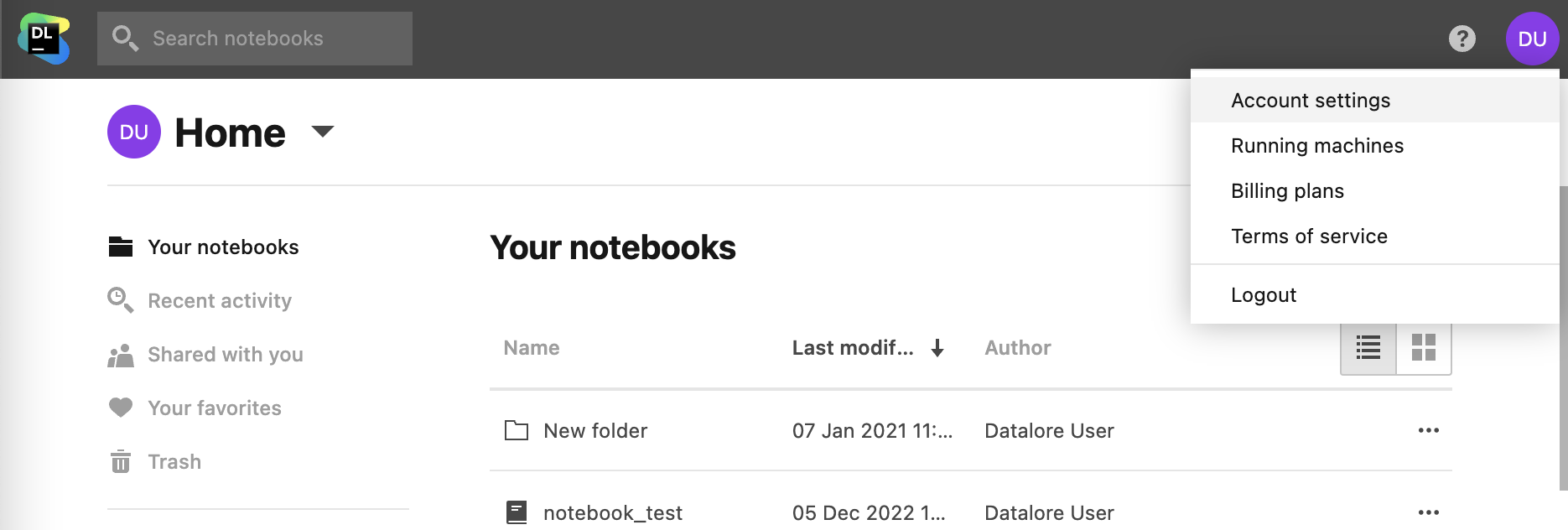Opening Account settings from Home page