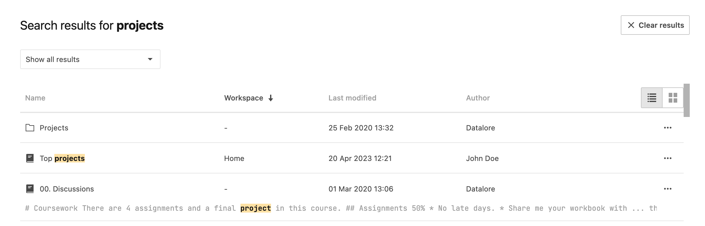 Notebook search results