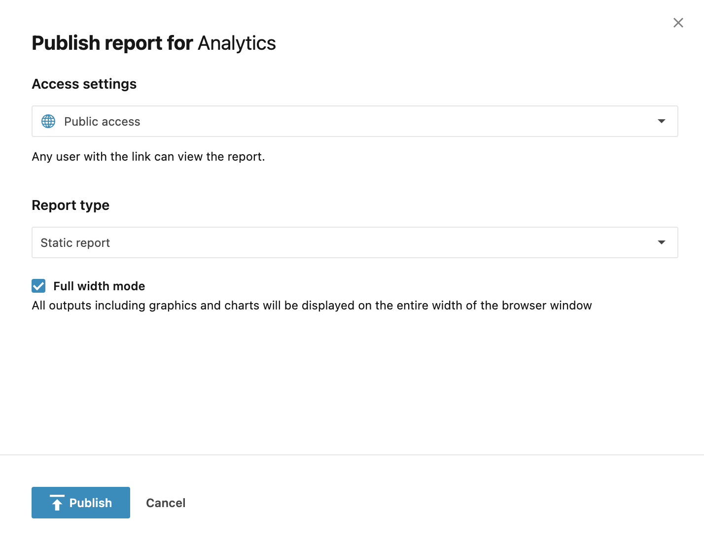 Publishing report dialog