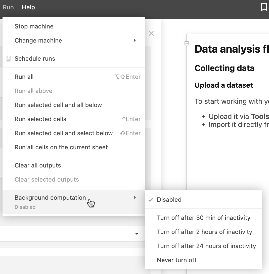 Background computation, Run menu