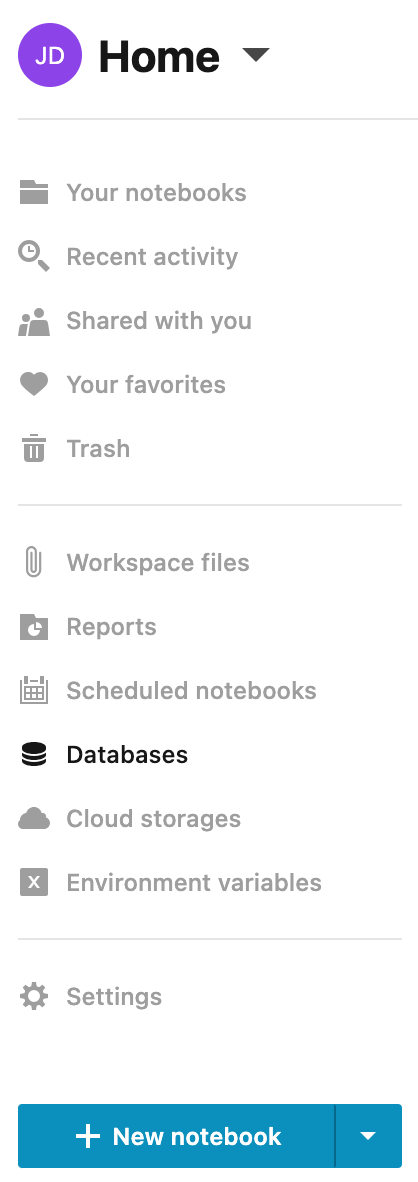 Home workspace menu with Databases tab selected