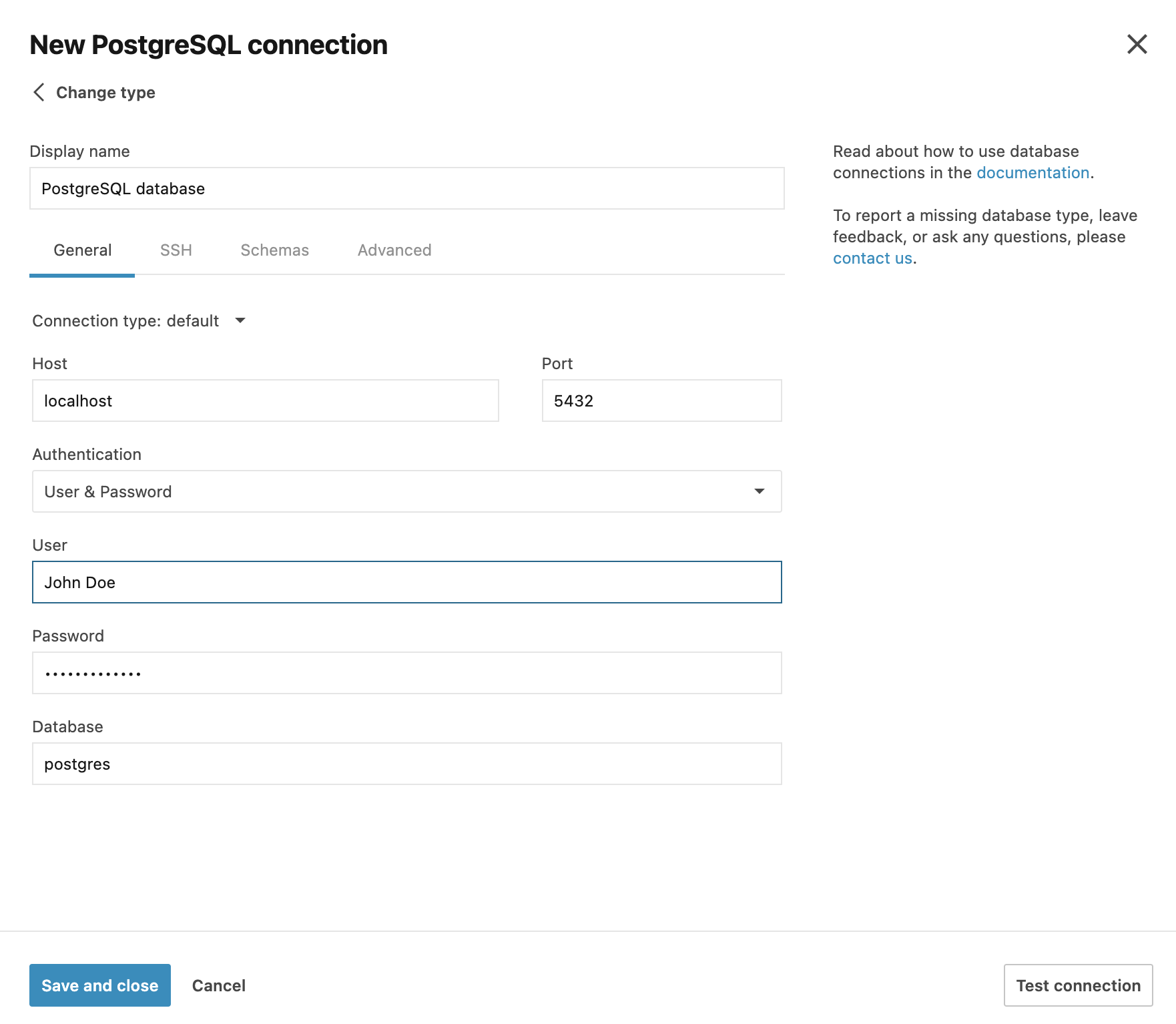 Integration with PostgreSQL, General tab