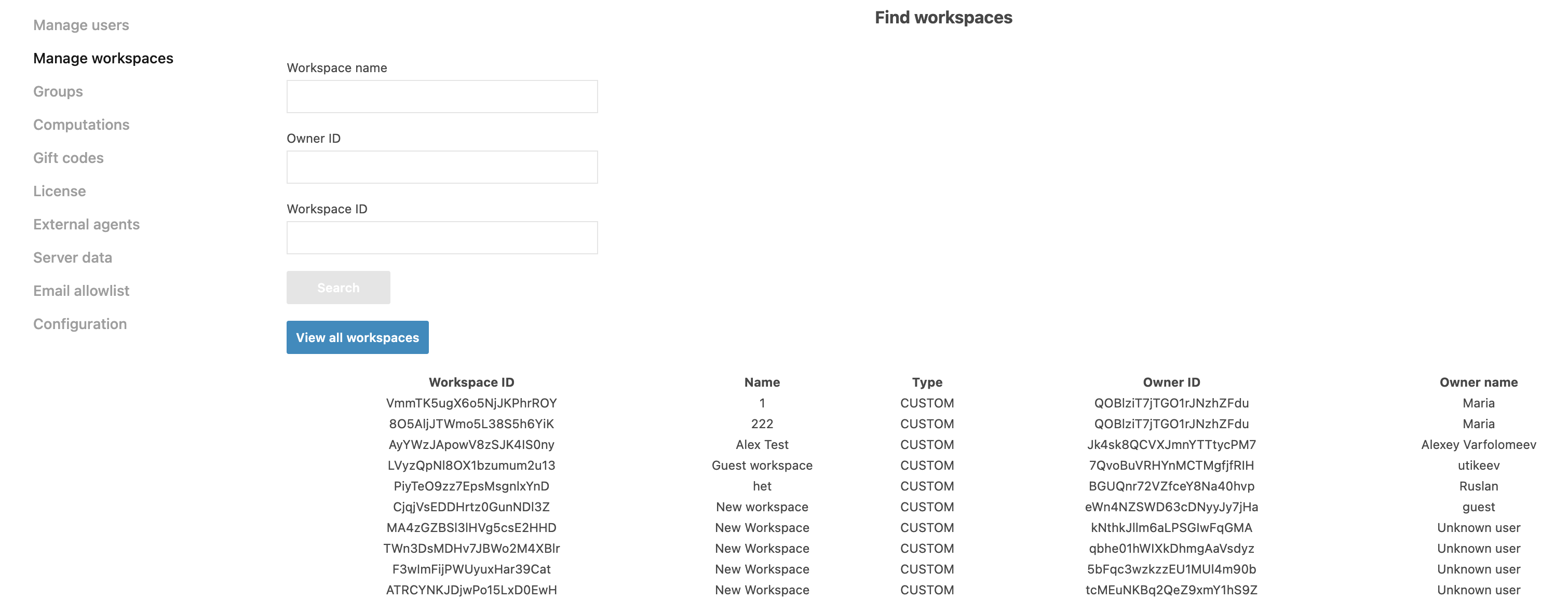 Workspace list