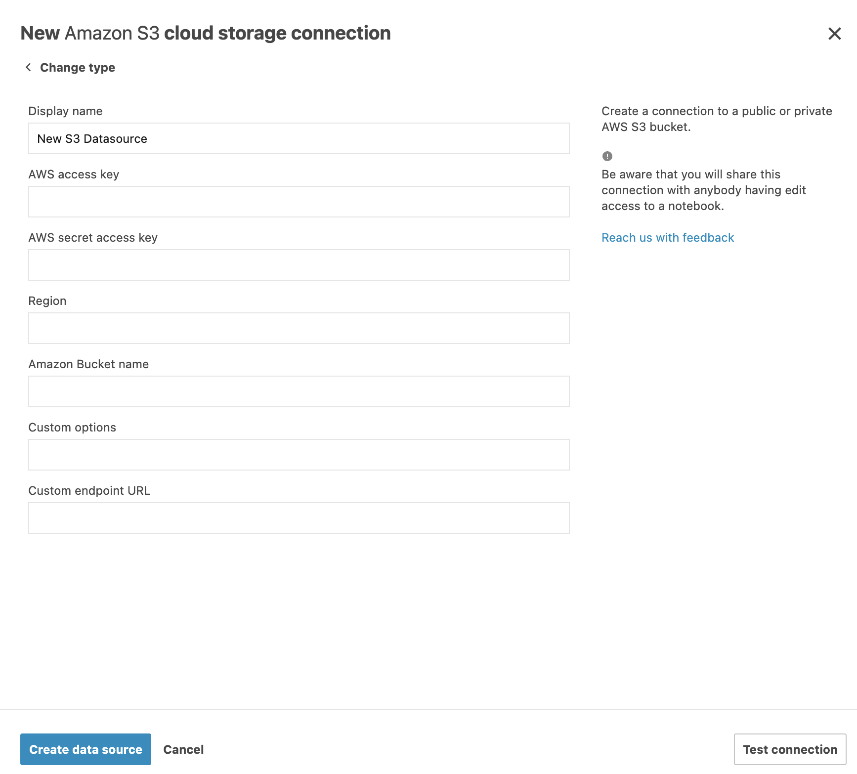 New Amazon S3 cloud storage connection dialog