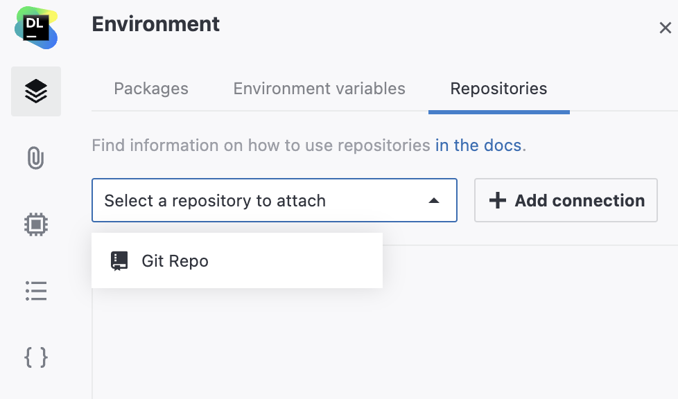 Selecting a Git repository to attach