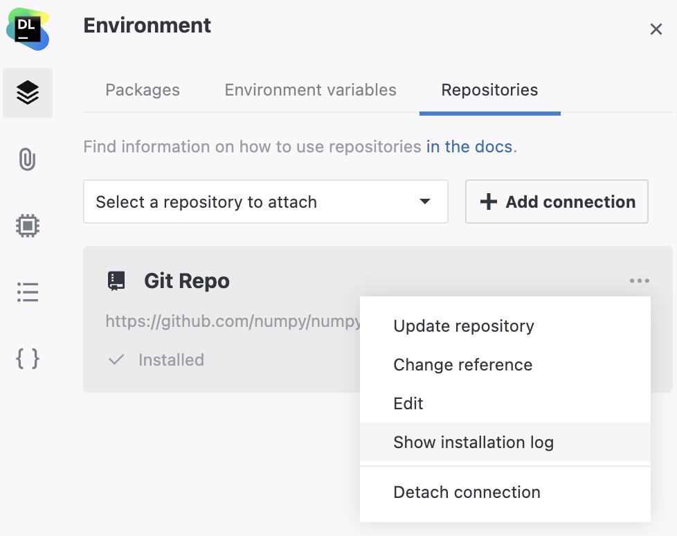 Manage attached Git repositories in notebook