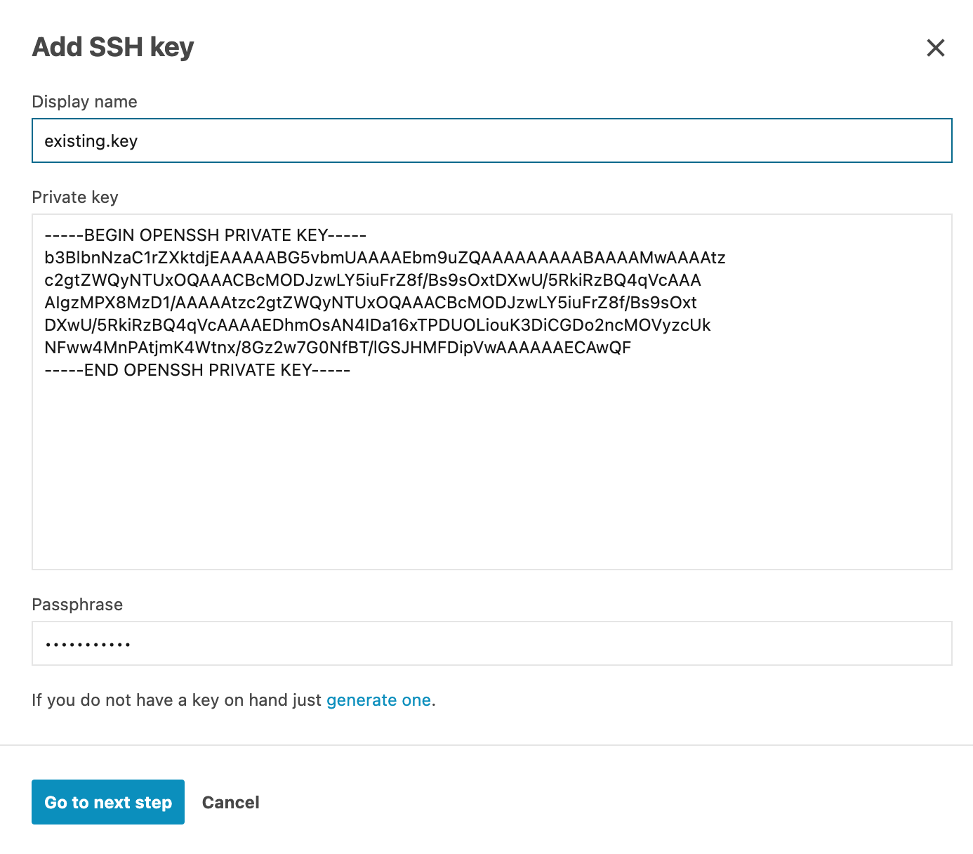 Adding an existing SSH key