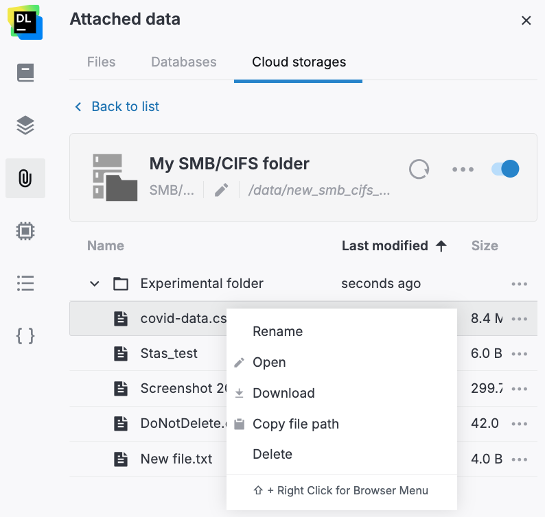 Cloud storage file menu