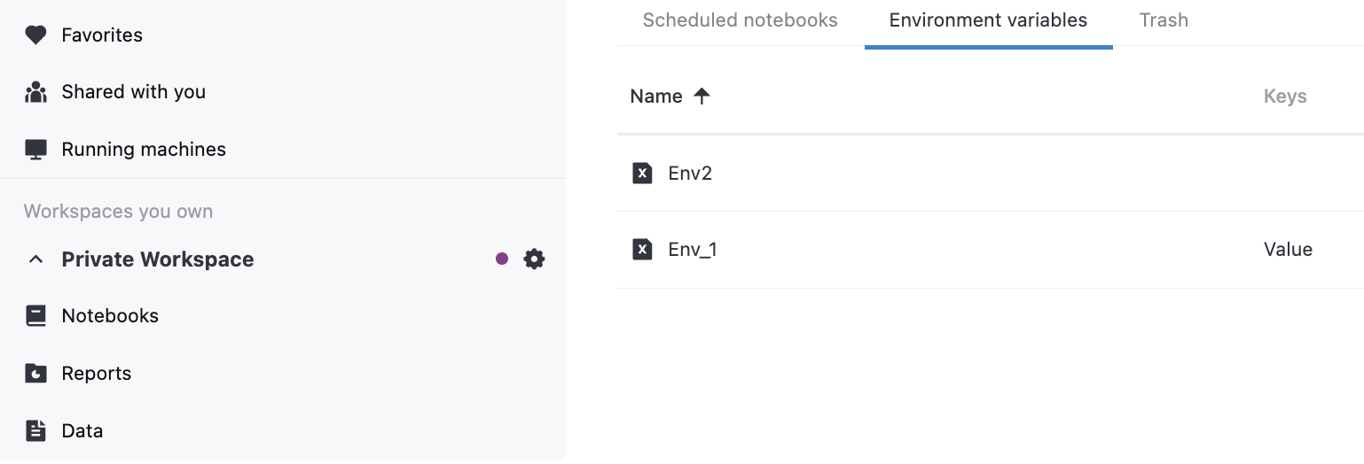 Environment variables menu