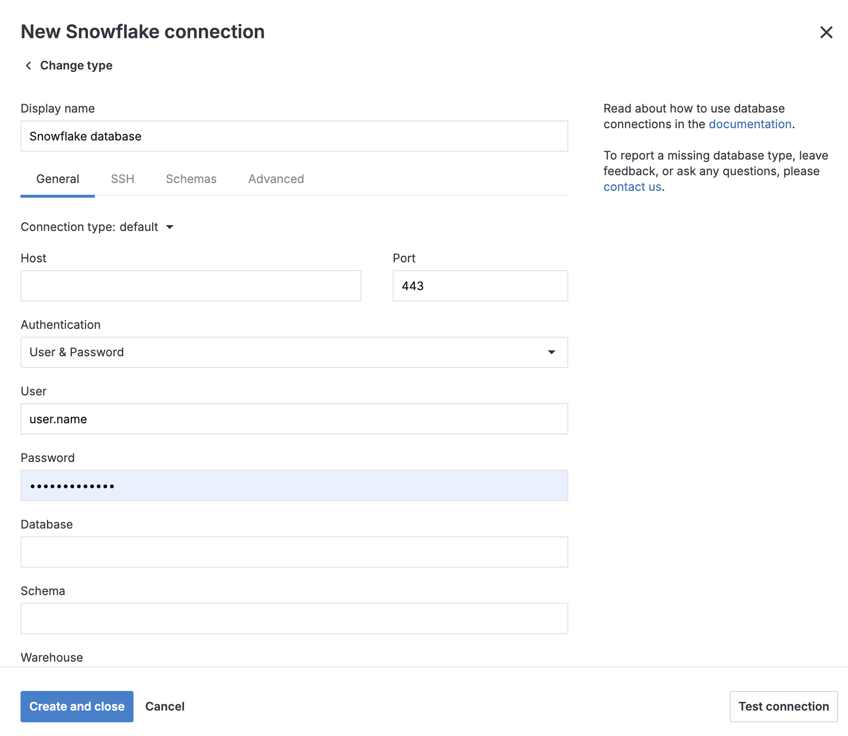 General tab of Database connection dialog