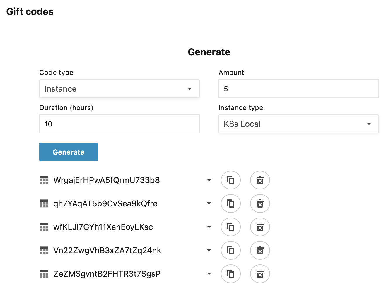 Generating five instance gift codes