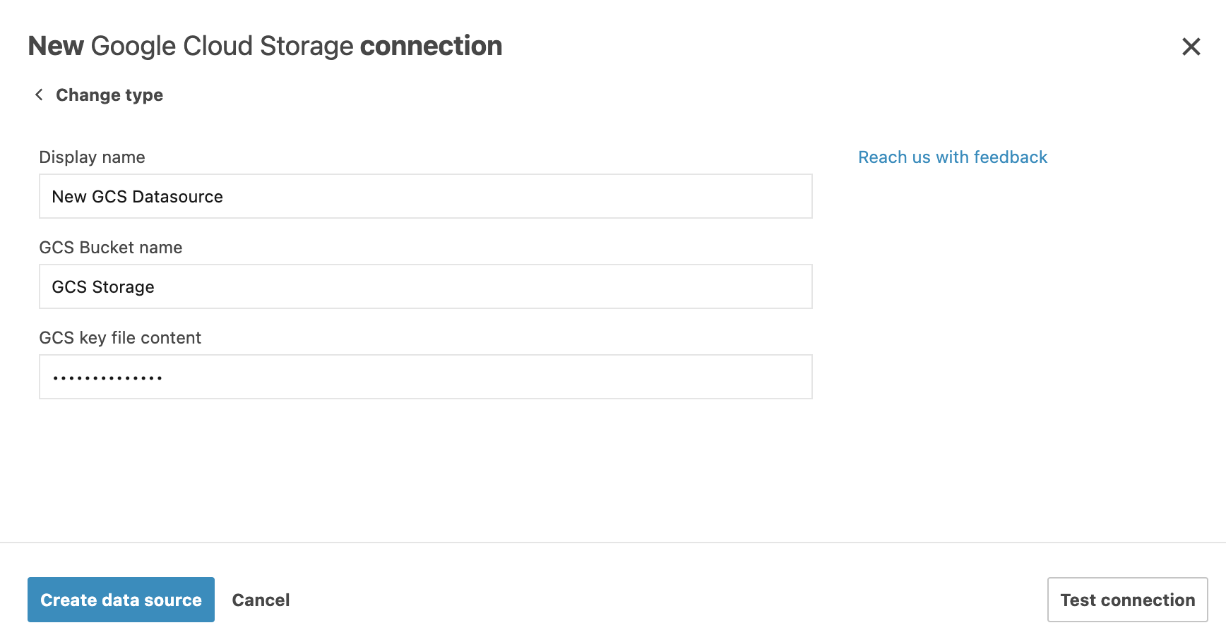 New Google cloud storage connection